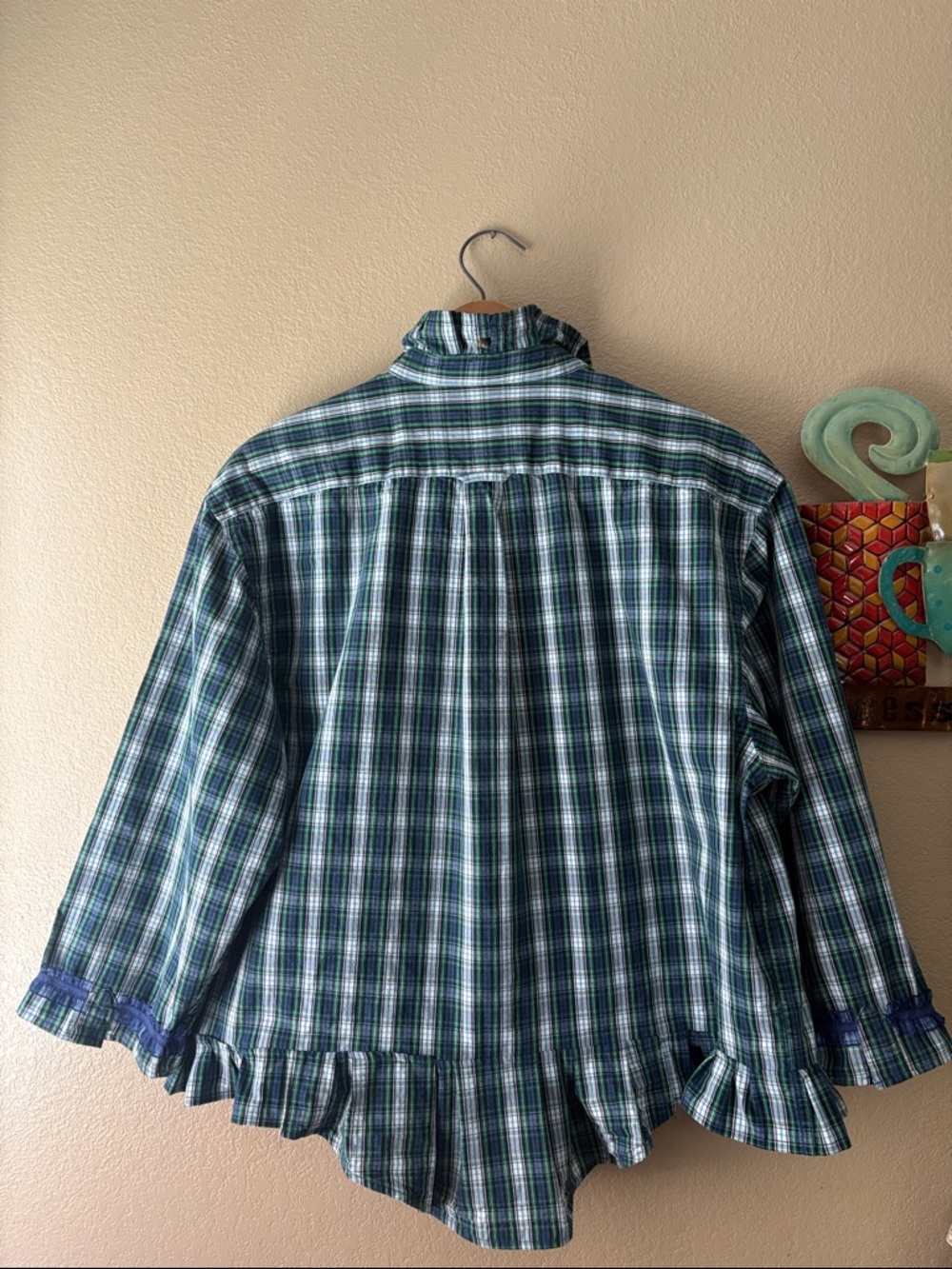 Izod Green and Blue Plaid Ruffle-Hem Button Shirt - Picture 8 of 8